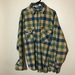 Vintage Woolrich wool blue green plaid flannel shirt pockets mens L lumberjack